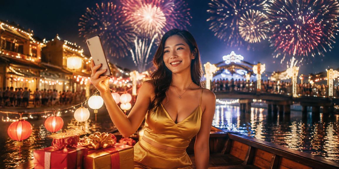 Người dùng truy cập casino và cá cược thể thao qua điện thoại tại chợ đêm Hội An lung linh